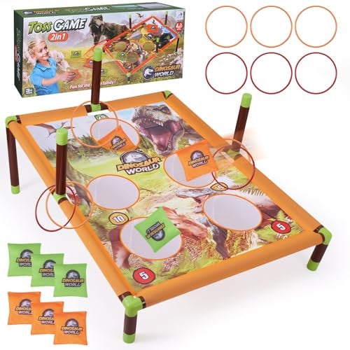 Cornhole Spiel Wurfspiel Game Set mit 6 Sitzsäcken und 3 Kugeln, Sitzsackwurf Draußen Garten Spielzeug, Tragbares 5-Loch Cornhole Board Spielzeug Für Familien Kinder Outdoor Aktivitäten (Dinosaurier)