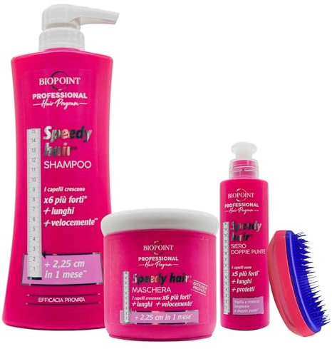 SET SPEEDY HAIR, I Capelli Crescono Sei Volte Più Forti, Lunghi e Più Velocemente: Shampoo 400ml + Maschera 400ml + Siero Doppie Punte 150ml + Spazzola Scioglinodi (Colori Assortiti)