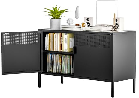 Metall Kommode 100 cm Breit, Aufbewahrungsschrank Sideboard mit 2 Mesh Türen, Metallschrank in Schwarz, Mehrzweckschrank mit flexiblen Einlegeböden, Aktenschrank & Büroschrank für zu Hause und Büro