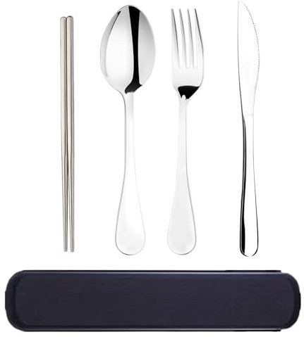 Travel Cutlery Set with Case, Cutlery Set for 1, Knife Fork Spoon Chopsticks, Compact Travel Utensils for Picnic School Lunch Office, Black Cutlery Case Included
