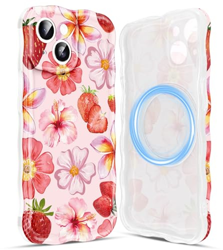 Saqmkil Coque Magnétique pour iPhone 15 6,1, Aesthetic Fleur Hibiscus Motif Fille Dessin Etui Compatible avec MagSafe, Transparente Souple Silicone Case Curly Wave Frame TPU Antichoc Housse, Fraise