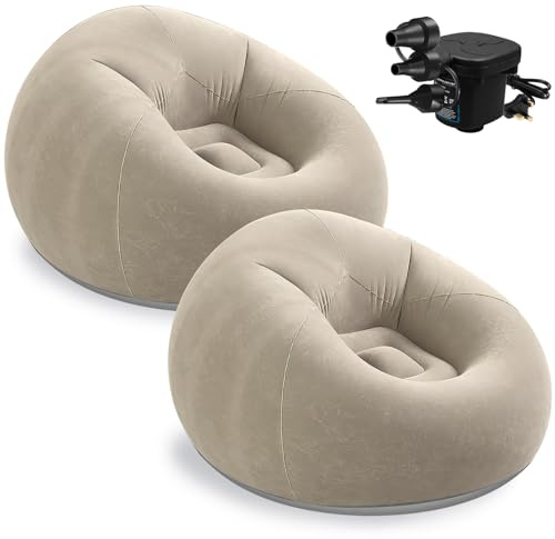 OJMHD 2 Pcs Inflatable Bean Bag Chairs for Camping, Adults’s Blow up Chair | Foldable Lazy Sofa Couch with Electric Air Pump for Kids Reading Living Room Bedroom Gaming Outdoors, UK Plug, Mocha