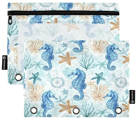 RPLIFE Federmäppchen für 3-Ringordner, 2 Stück, Klarsichtfenster, Schulbedarf, 24,9 x 17,8 cm, Wasserfarben-blaue Seepferdchen