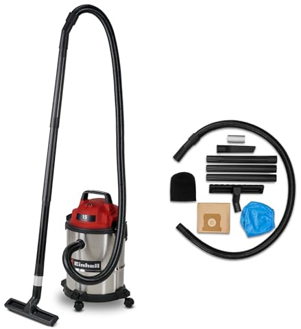 Einhell Wet and Dry Vacuum Cleaner 900W 15L Stainless Steel Tank | 180 Mbar Suction Capacity Accessory Bracket including Various Filters and Nozzles TC-VC 1540 S