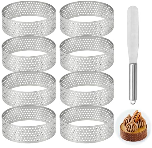 8 Stück Mousse Tartelette Förmchen, 6 cm Dessertringe mit Löchern | 430 Edelstahl Tartelette Förmchen,Tortenringe Edelstahl Backringe Perforierter Crumpet Rings für DIY Mousse Torten Muffins