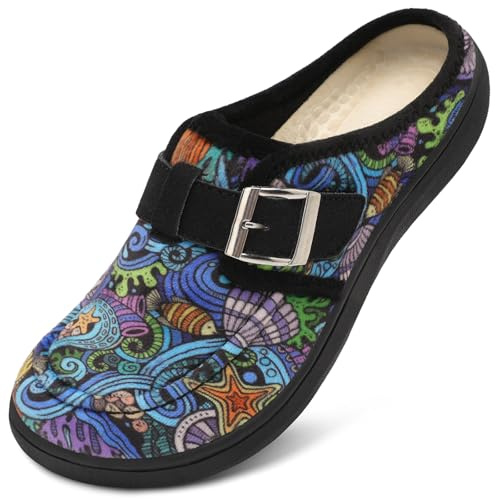 JOINFREE Womens Slippers Barefoot Bedroom House Shoes for Women Wide Non-slip Diabetic Orthopedic Neuropathy Swollen Bunions Arthritis Edema Indoor Outdoor Slippers MultiSea Size 7