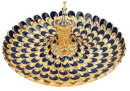 Jelquix Peacock Serving Tray, Round Metal Snack Plate, Zinc Alloy Tray with Elegant Peacock Design, Ideal for Fruits Desserts Nuts Jewelry Storage Home Hotel Party Buffet Table Decor (Golden Blue)