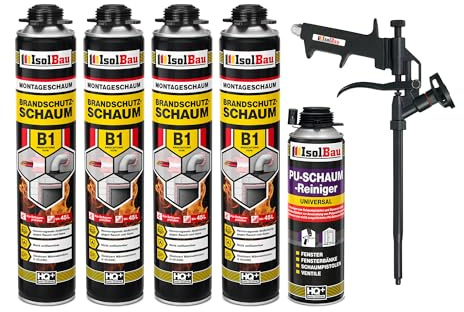 Isolbau - Bauschaum B1 - Montageschaum - PU-Schaum 4 x 750 ml - Pistolenschaum,1 x PU-Schaum-Reiniger & 1 x Schaumpistole - 1K Brandschutzschaum - Dämmschaum - Abdichtung, Wärmedämmung