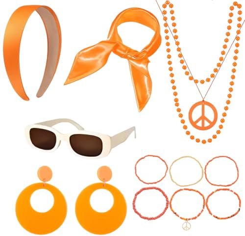 PEZPEOR 5 Stück 60er 70er Damen Hippie Kostume Accessories Set für Frauen mit Stirnband Ohrringe Sonnenbrille Seidenschal Peace Zeichen Halskette für Mottopartys