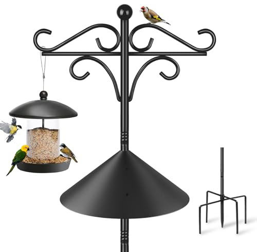 Mangeoire à oiseaux résistante aux écureuils, 233 cm, support à suspendre, crochets de bergers robustes avec déflecteur pour lampes solaires de jardin, paniers de suspension, noir, 1 lot