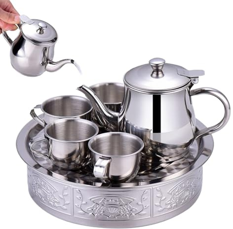 Teeservice für – aus Edelstahl mit Tassen und Tablett, langer, gefilterter Auslauf | mit 330 ml, 4 Tassen à 70 ml, Gläser geeignet für und Mädchen, Schüler