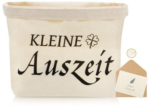 ZYNERY Kleine Auszeit Korb aus Baumwolle und Leinen, Wellness Geschenkkorb für Frauen Kleine Auszeit Geschenk mit Grußkarten und Umschläge Entspannung Wellness Geschenke für Frauen (Beige A)