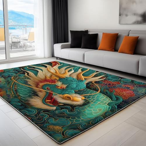 Teppich Kinderzimmer Wohnzimmer Kinderteppich Spielteppich Kurzflor rutschfest & pflegeleicht Traditionelle Tuschemalerei Drache Wolken Teppiche für Teenager, Grösse: 80 x 150 cm, Farbe: Grün