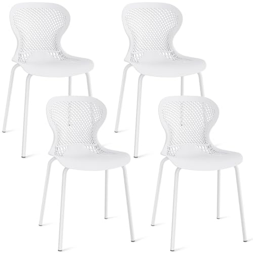 JIJIAN Esszimmerstühle 4er Set, Stapelbare Küchenstuhl mit Metallbeinen, Gartenstühle aus Kunststoff, für Esszimmer, Wohnzimmer, Garten, Balkon und Terrasse, Weiß