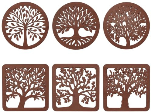 NBEADS 6 Pcs Life Tree Wooden Trivets for Hot Dishes, 16.8x16.8cm Hollow-Out Wooden Trivet Set Square Flat Round Tree of Life Cup Mats for Table Dishes Pots and Pans Hot Plate Holders