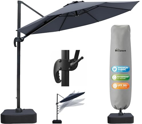 OLILAWN Sonnenschirm Ø305 cm mit Schwerlast-Basis & Sandsäcken, UV-Schutz 240GSM Garngefärbtes Polyester, Aluminium Ampelschirm 360° drehbar & 5-fach neigbar, inkl. Schutzhülle, für Pool & Garten