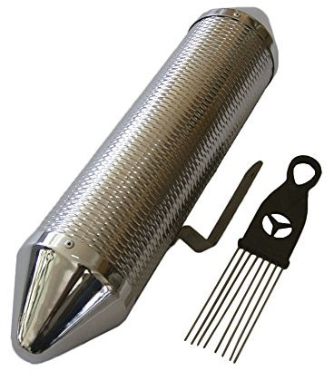 Güiro tubular con rascador. Metálico. Medidas: 39 x 8 cm.
