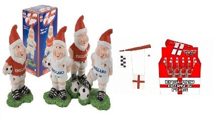Pack Of 2-6 England Garden Gnomes And England Flag & Horn In PP Bag Display Box - CRICKET/FOOTBALL/RUGBY WORLD CUP & EUROS