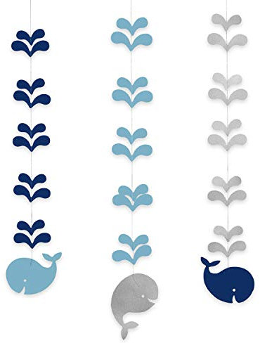 Oblique Unique® 3X Deckenhänger Wal Fisch Girlande für Kinderzimmer Junge Kindergeburtstag Deko Hängedekoration Maritim Silber Blau - 80cm -