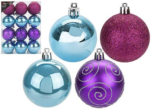 Packung mit 24 - 6 cm Christbaumkugeln in Eisblau, Fuchsia und Lila - Shiny Matte & Glitter Design