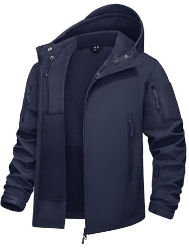 KEFITEVD Giacca softshell tattica da uomo, foderata in pile, impermeabile, traspirante, con cappuccio, per la pesca, la caccia, Blu scuro, XL
