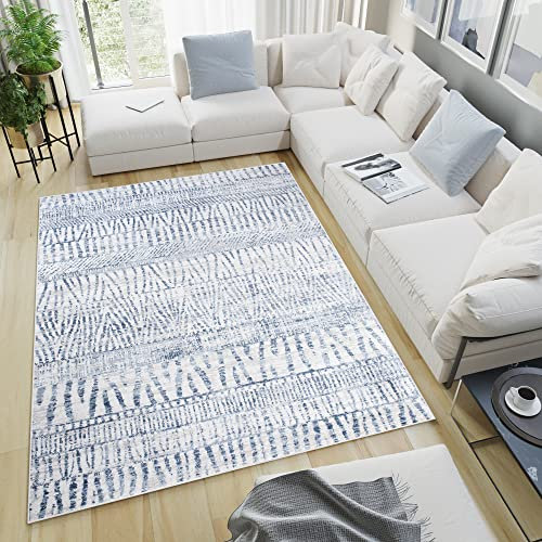 TAPISO Sky Teppich Kurzflor Modern Creme Blau Streifen Meliert Design Wohnzimmer Schlafzimmer 3D Optik ÖKOTEX 80 x 150 cm