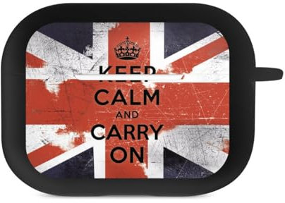 Hülle mit Karabiner kompatibel mit Apple AirPods Pro 1. Generation Case schwarz Schutzhülle mit Schlüsselanhänger Keep Calm Union Jack England