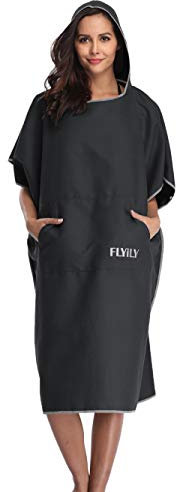 FLYILY Microfaser Surf Poncho Handtuch mit Kapuze Bademantel zum Schwimmen und Strand wechseln Einheitsgröße Alle Erwachsenen(Black,L)