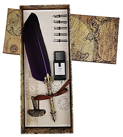 Aokuy Federstift, Vintage Dip Pen, englischer Kalligraphiestift-Füllfederhalter Schreibmappe mit 5 Federn und schwarzer Tinte, Perfekt für Kalligraphie Anfänger