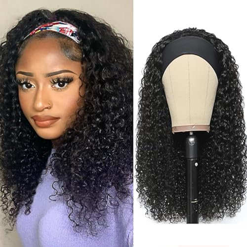 XSY Perruque de cheveux humains ondulés avec bandeau, sans colle, sans dentelle frontale, demi-perruque pour femme noire, dentelle 150 %, couleur naturelle, 40,6 cm