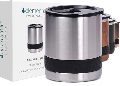 Elemental 284 ml Recess Rocks Tumbler, dreifach wandig, Lowball-Cocktail-Heiß- und Kalt-Reisebecher, wiederverwendbarer 18/8 Edelstahl – gebürsteter Stahl