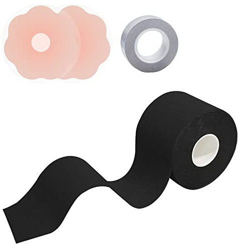 VIEKIER Boob Tape Black Strapless Bra Breathable Breast Lift Tape and 1 Pair Adhesive Bra Silicone Breast Adhesive Bra and 1 Roll Boob Body Tape for Large Breast…
