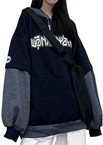 WINKEEY Japan Harajuku Maglione con Cappuccio da Donna Ragazze Autunno Inverno Felpa con Cappuccio Hip Hop Streetwear Punk Carino Felpe Maglione, Blu Scuro XXL