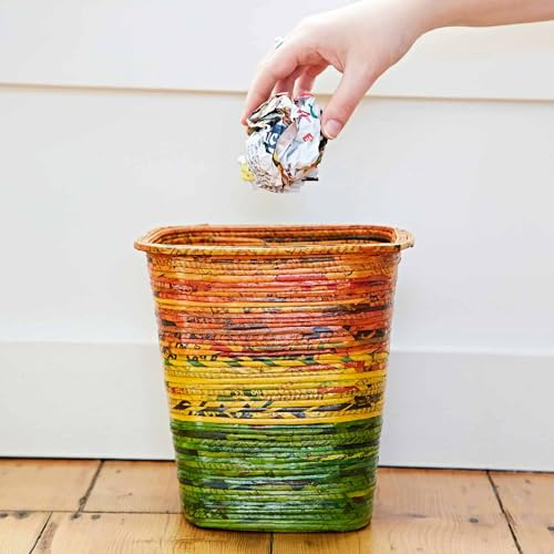 Recycled Newspaper Waste Paper Basket | Colourful and Unique | Handmade, Fair Trade and Sustainable (Orange/Yellow/Green)