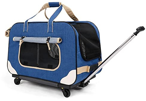 Transportbox Katze Hundetrolley bis 15 Kg Transporttasche für Tiere 2 in 1 Rucksack und Trolley, Katzentransportbox Hundewagen mit Abnehmbaren Räder Fhundebox Kleine Hunde (Color : Blue)