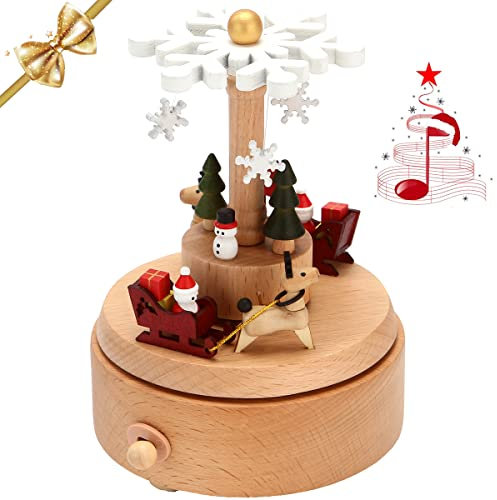 LONEEDY Holz Spieluhr Weihnachten Schneeflocke Dekoration Elch Custom Exklusives Spielzeug Geschenke für Jungen und Mädchen Rotation Handwerk (Burlywood)