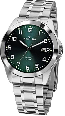 Atrium Herren-Armbanduhr Edelstahl Analog Quarz 10 bar mit Datum, Leuchtzeiger, sehr deutliches Zifferblatt Dunkelgrün und Stahlband silberfarben A16-36