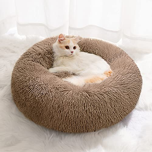 YOJOGEE Small Cat Bed for Indoor Cats, Self-Warming Donut Kitty Bed for Small Cats Keeping Warm, Washable Pet bed with Anti Slip Base, Lightcoffee 40cm