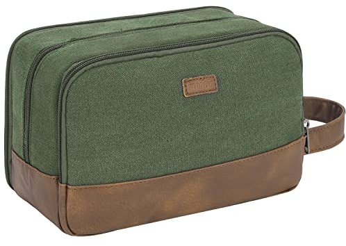 WANDF Travel Toiletry Bag for Men Hanging Dopp Kit Canvas Toiletry Organizer Water-Resistant Vegan Leather Shaving Bag for Toiletries Accessories (Green)