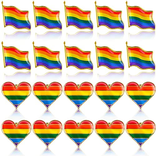Thinp 20 Pieces Pride Pins LGBT Rainbow Flag Heart Festival Badge Accessories Enamel with Gold Edge Decoration Equality Gay Lesbian Progress Lapel Pin for Men Women Clothes Bags