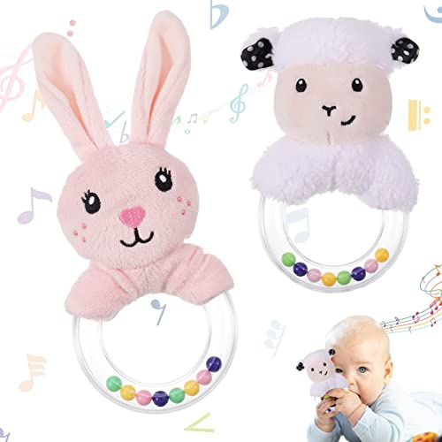 Heyu-Lotus 2Pcs Baby Soft Plush Animal Rattle Sensory Toys | Sheep Rabbit Design, for 0–12 Months, Educational Shower Gift for Infant Boys & Girls