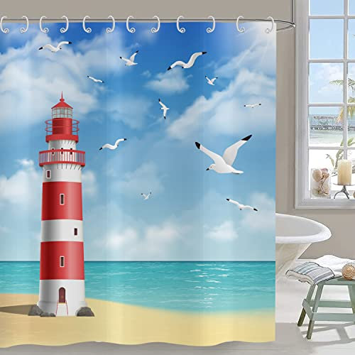 Hnmdmyi Rideau de douche Phare 180 x 200 cm, océan plage mouette, ciel bleu, nuages blancs, paysage, rideau de baignoire, imperméable, tissu polyester, lavable, pour salle de bain, avec crochets