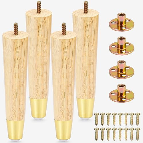 Wood Furniture Legs 8 Inch with Gold Cap,Sofa Replacement Wooden Leg Set of 4,Cabinet Legs,Dresser Legs,Couch Legs,Recliner Legs,Wooden Legs for Sofa