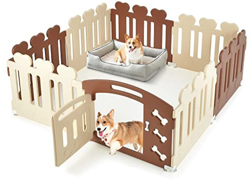 COSTWAY Parc pour Chien à 8 Panneaux avec Porte, Enclos en HDPE avec Motifs d'Os Mignons, Barrière de Sécurité pour Petits Moyens Animaux de Compagnie Chiot Chat Lapin, 155 x 155 x 60 CM