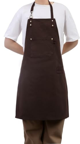 Pincy Canvas Apron Heavy-Duty 16 oz Work Apron, Metal Hardware Reinforcement Chef Apron with Extra Long Straps Adjustable M–XXL (Coffee)