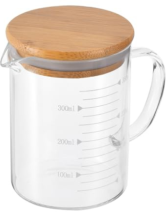 PATIKIL 350 ml Taza de Medición de Vidrio de Líquidos para Cocina | Vidrio Borosilicato 3.3, con Escala Impresa en Blanco Graduada, con Tapa de Madera y Pico en Forma de V