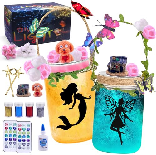 YESLUSY Regalo para Niñas, Manualidades para Niños 6 7 8 9 10 11 12 DIY Mason Jar Luz de la Noche con Mando a Distancia, Linterna de Hadas Conjunto de Artesanía, para la Fiesta de Cumpleaños y Jardín