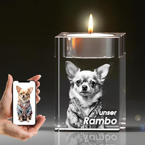 Gedenk Kristall mit 3D-Gravur Teelichtvertiefung – Personalisiertes Erinnerungsstück für Haustiere, inkl. 3D-Lasergraviertes Bild, Erinnerung Haustier