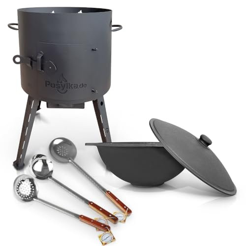 Utschak Feuerofen mit Gusseisen Topf flacher Boden mit Deckel 12 L Ø 40 cm Kazan Schaumlöffel für Plov 48 cm Schöpfkelle für Plov 48 cm (Set 4)