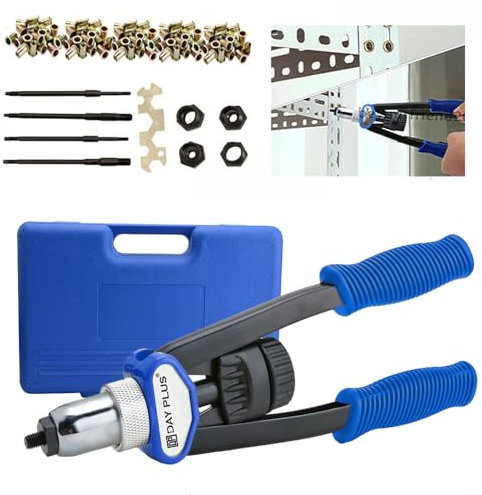 Nietmutternzange Set - Nietenzange Set - Blindnietmutternzange inkl. 150 Nietmuttern und 5 Nietdorne in M5 M6 M8 M10 M12 - Handmutternpistolen-Kits im Tragekoffer